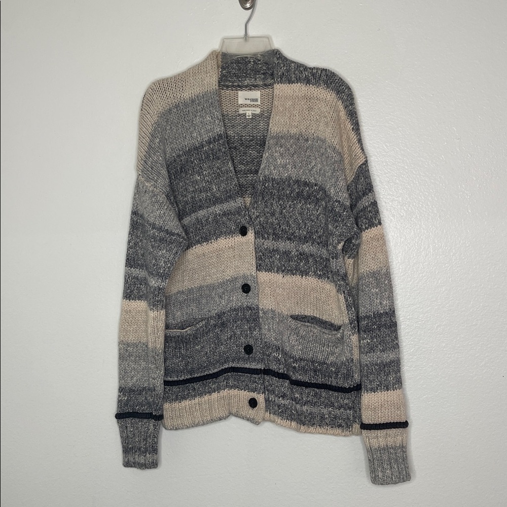 Wilfred Free Italian Yarn 100% Cotton Chunky Knit Gray Cream Cardigan Sz Large